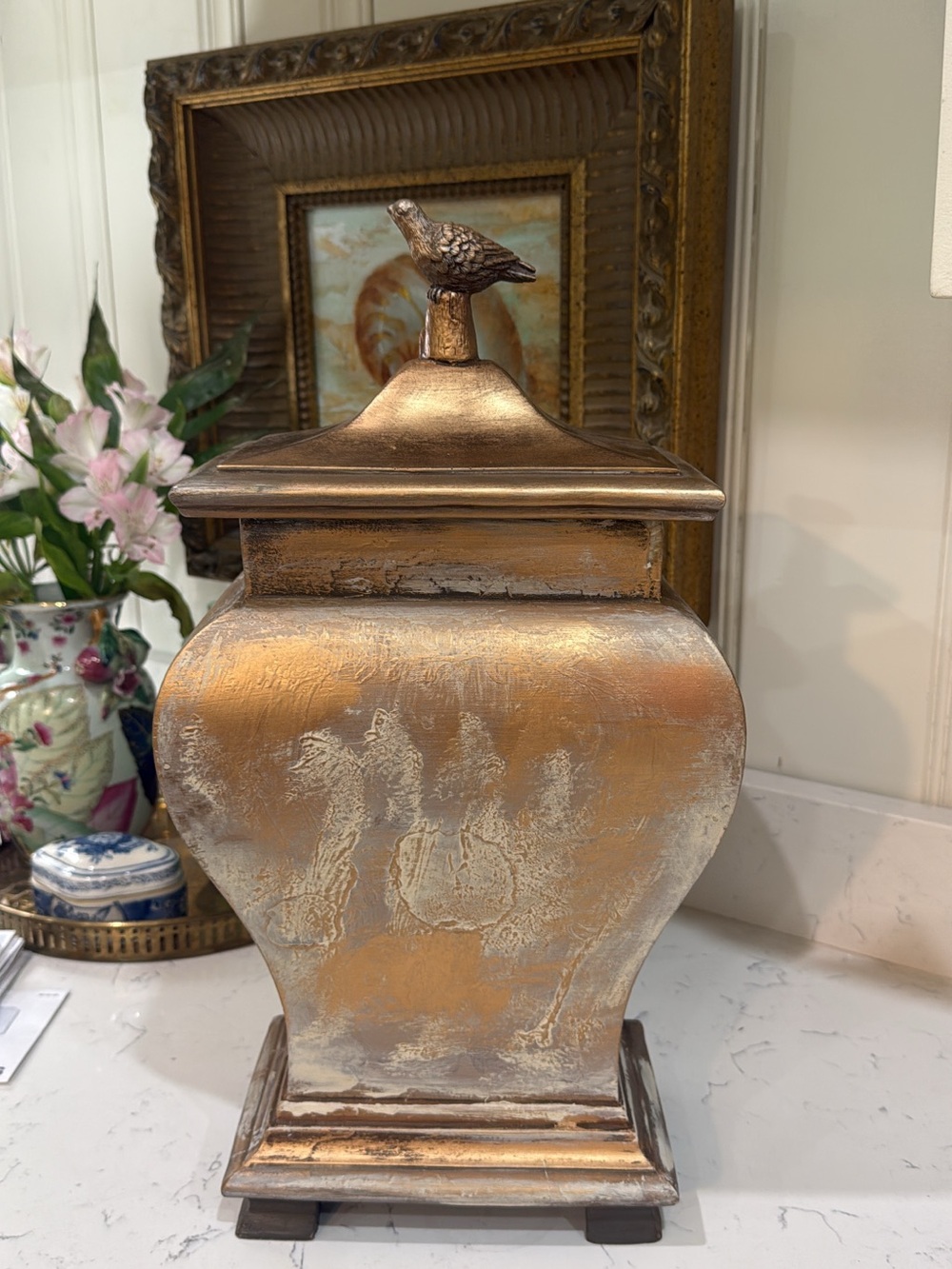 Gold Distressed Bird-Top Accent Jar - Decorative Home Vase